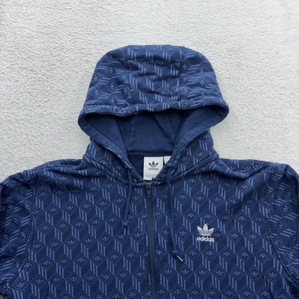Adidas Originals Mens Navy Blue Geometric Trefoil Monogram Zip Up Hoodie Large
